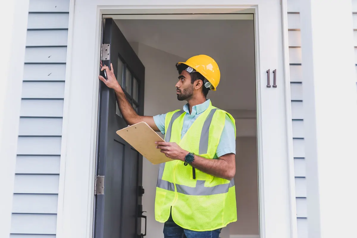 An inspector in a hard hat and safety vest checks the top of a front door frame while holding a clipboard.